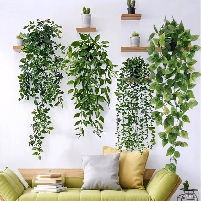 EONLION 4-Piece Set of Green Artificial Hanging Plants, 100 cm