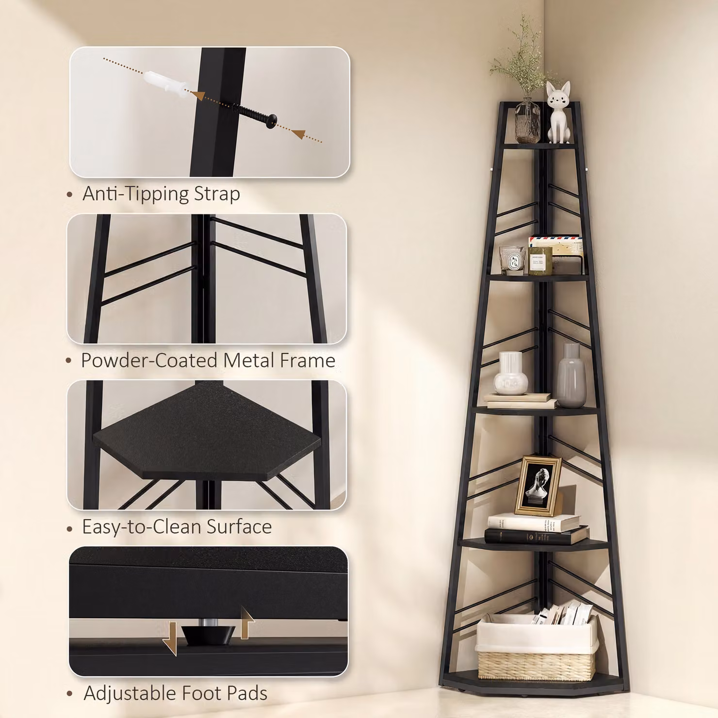 HOMCOM 5-Tier Corner Bookcase, Modern Freestanding Metal Shelving Unit in Black – 3