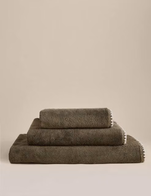 M&S Egyptian Cotton Terry Towel with Embroidered Border in Khaki