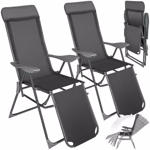 tectake Set of 2 Anthracite Sun Loungers with Adjustable Backrest, Footrest and Armrests featuring Powder Coated Aluminium Frames and Textilene Fabric – 1