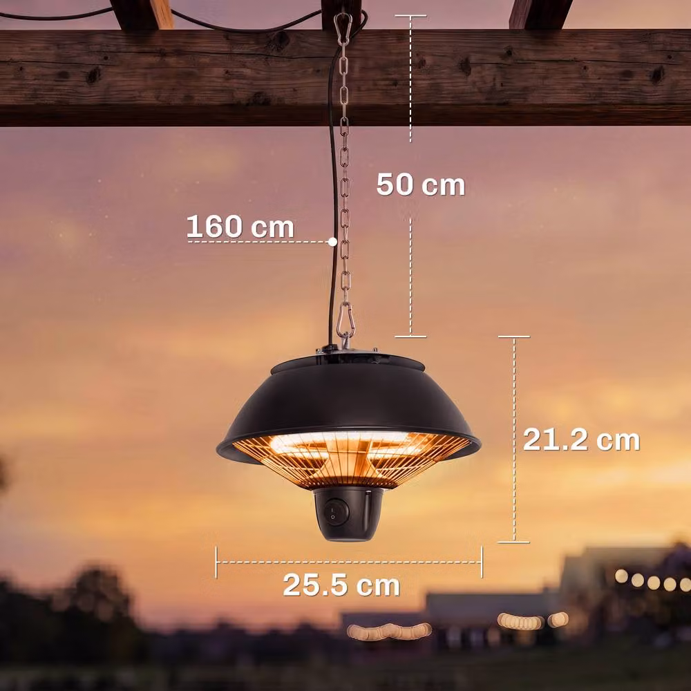 Outsunny 600W Ceiling Hanging Halogen Electric Heater with Adjustable Hook Chain, Black Aluminium Frame – 9