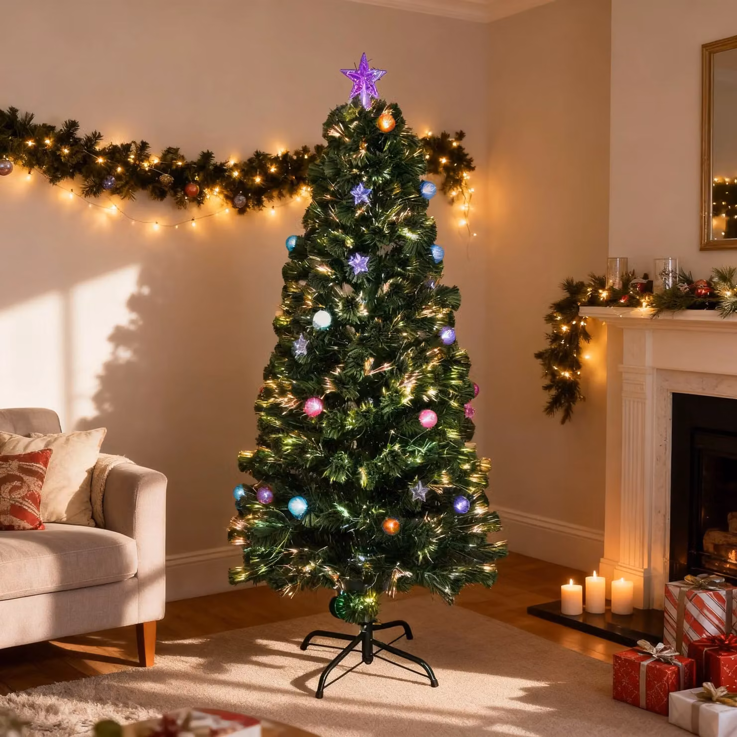 Shatchi Green Pre-Lit Fibre Optic Christmas Tree with Baubles and Stars, Height: 90 cm – 5