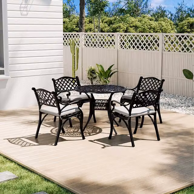 Breeins 5 Piece Retro Cast Aluminum Garden Bistro Set with Cushions in Matt Black