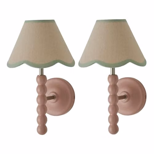 ValueLights Bobbin Pair of Pink Wall Lights with Green Trim Scallop Fabric Shades, Mains Wired – 3