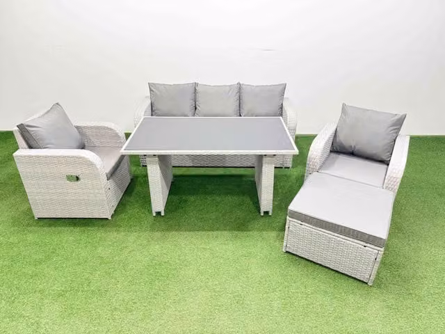 Fimous 6-Seater Outdoor Rattan Garden Furniture Dining Set with Large Stool in Light Grey
