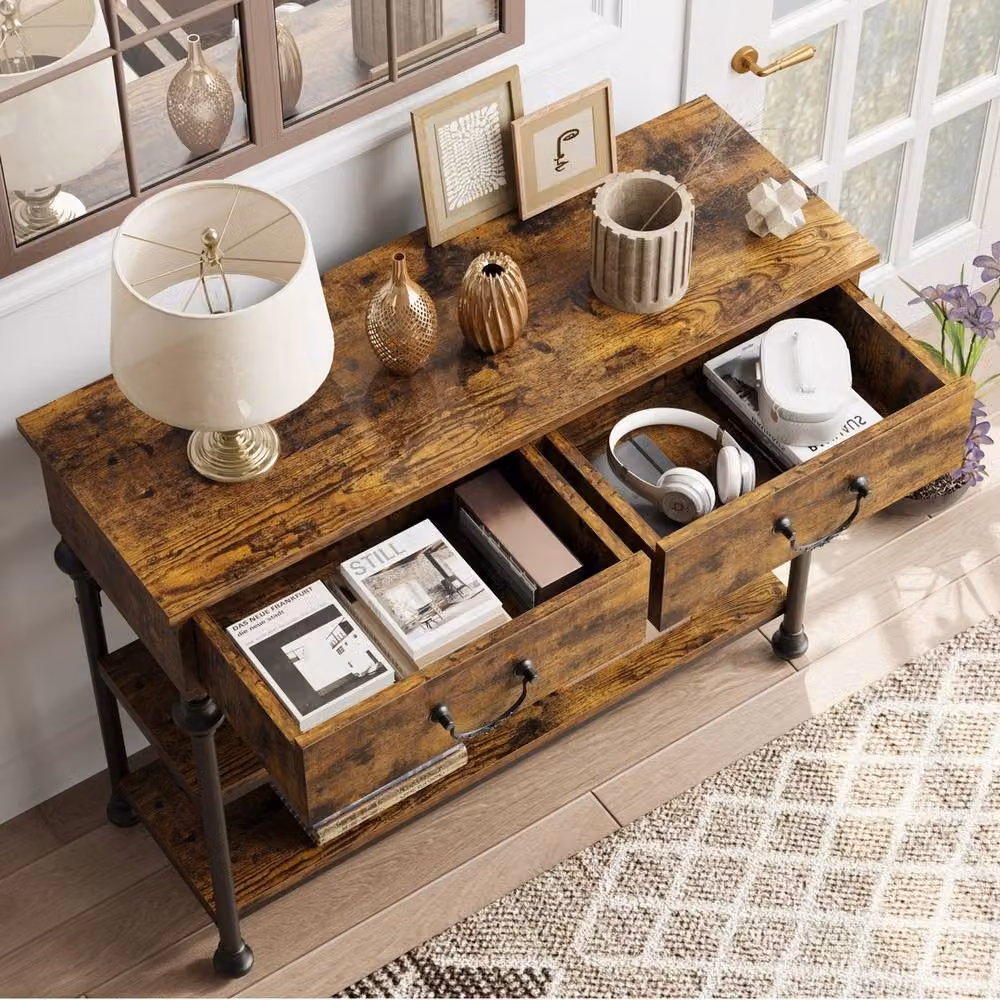 VOGREX Vintage Brown Wood Console Table with Drawers – 2