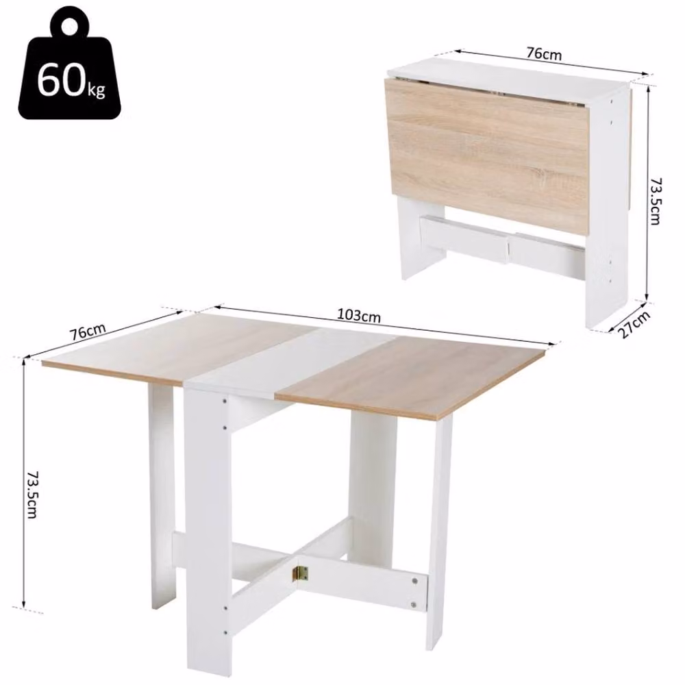 VOGREX Folding Drop Leaf Dining Table and Breakfast Desk in White, W/D/H: 60.0 x 76.0 x 73.5 cm – 2