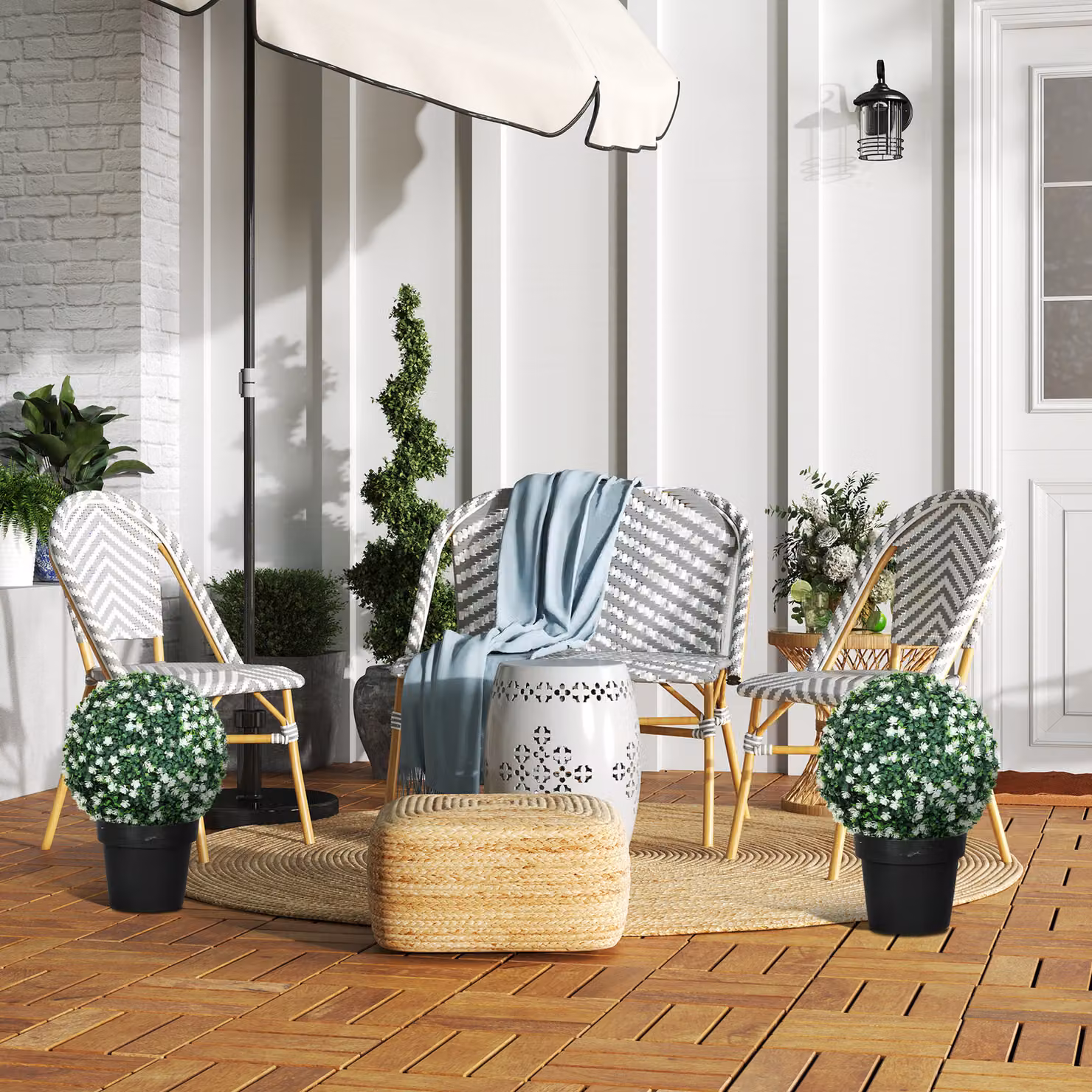 HOMCOM Set of Two Green Artificial Round Boxwood Plants in White Pots – 8