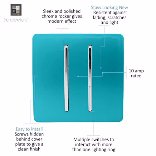 Trendi Modern Glossy Plastic 2 Gang 3 Way Intermediate Double Electrical Wall Light Switch in Petrol Blue – 2