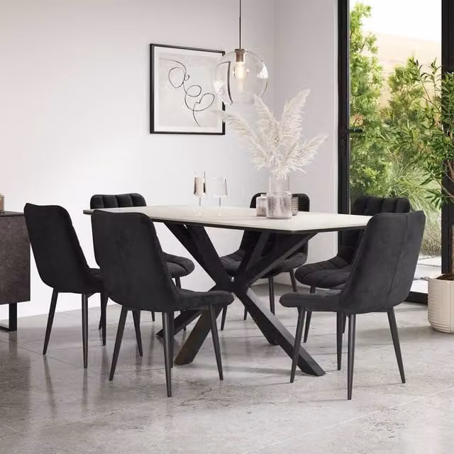 More4Homes Juno White Marble Ceramic Rectangular Dining Table and 8 Nova Black Velvet Chairs – 1