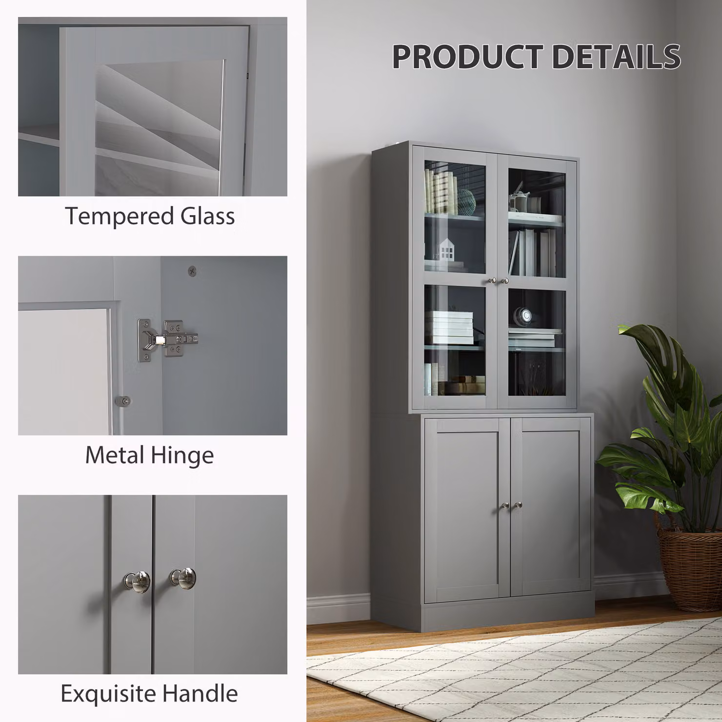 HOMCOM Modern Double Storage Display Cabinet with Glass Doors in Grey, H 178.5 x W 76.0 cm – 5