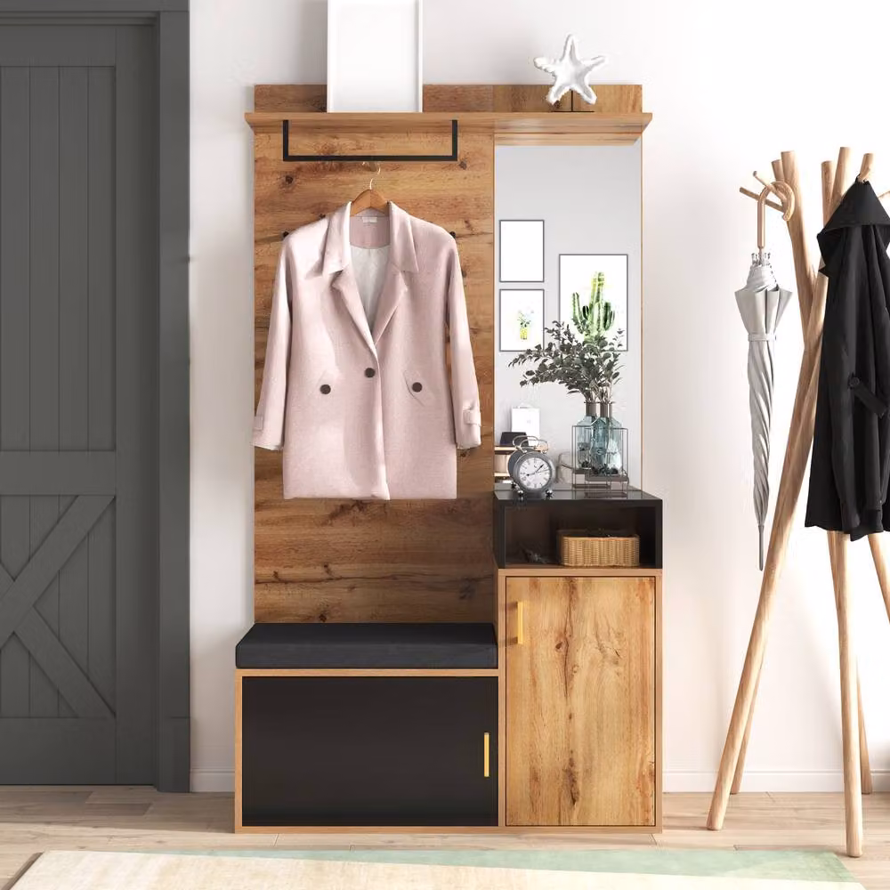 Rolipo Black and Wood Hallway Wardrobe Set with Shoe Bench, Mirror and Wall Rack, Width: 105 cm – 4