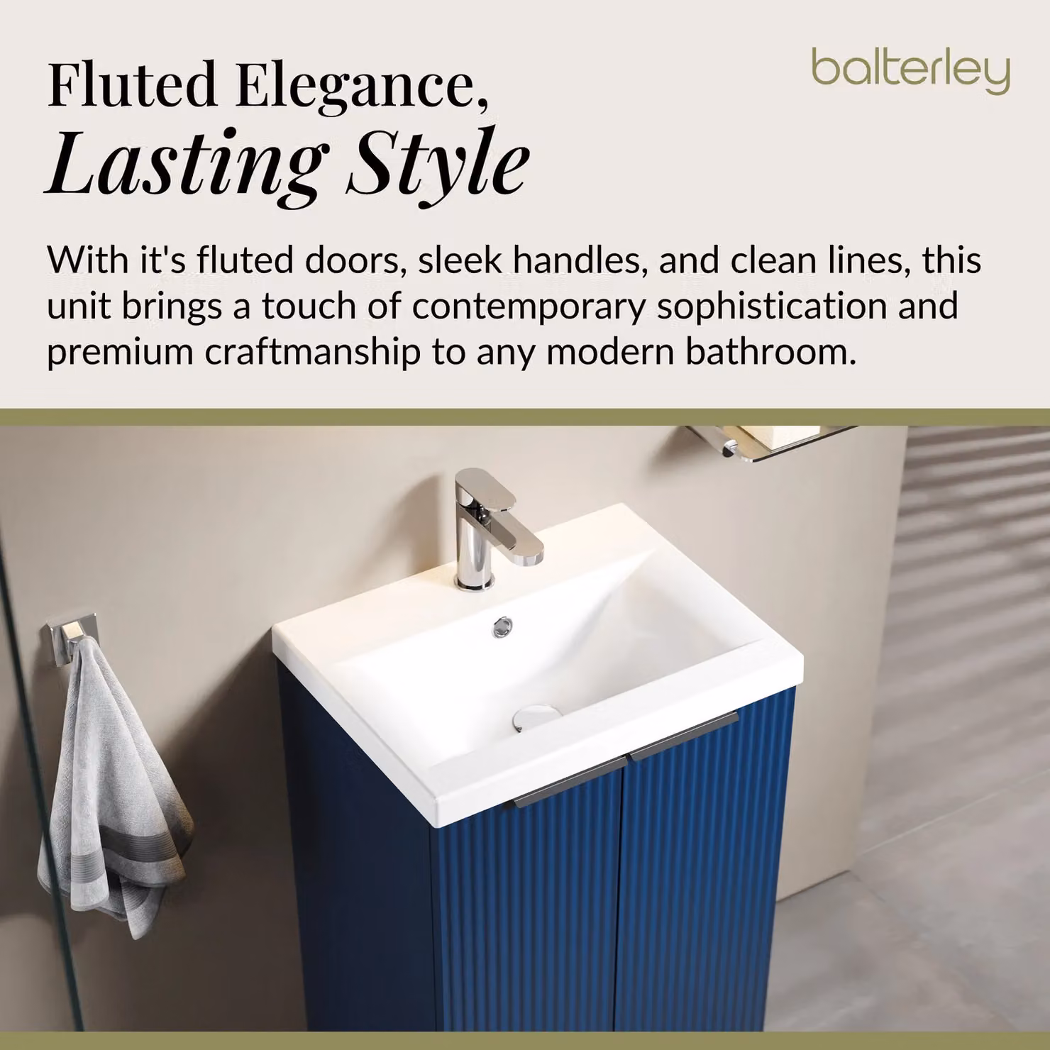 Balterley Fluted Front Floor Standing 2 Door Vanity Basin Unit, Satin Blue, W: 50 cm, H: 85 cm – 3