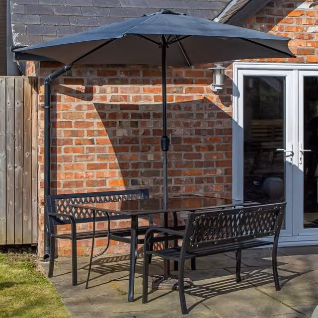 Samuel Alexander Modern 4 Person Rectangular Glass Top Garden Table and Benches Set in Black and Grey