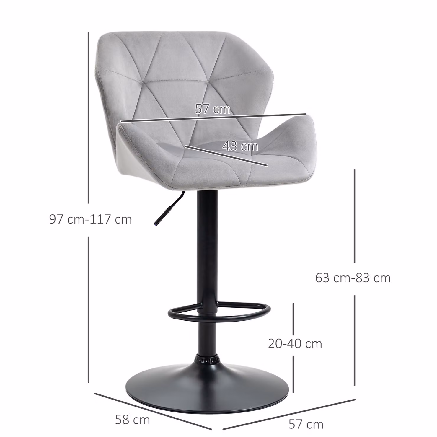 HOMCOM Set of 2 Grey Velvet Bar Stools with Backs, Adjustable Height Swivel Metal Frame and Footrest – 3
