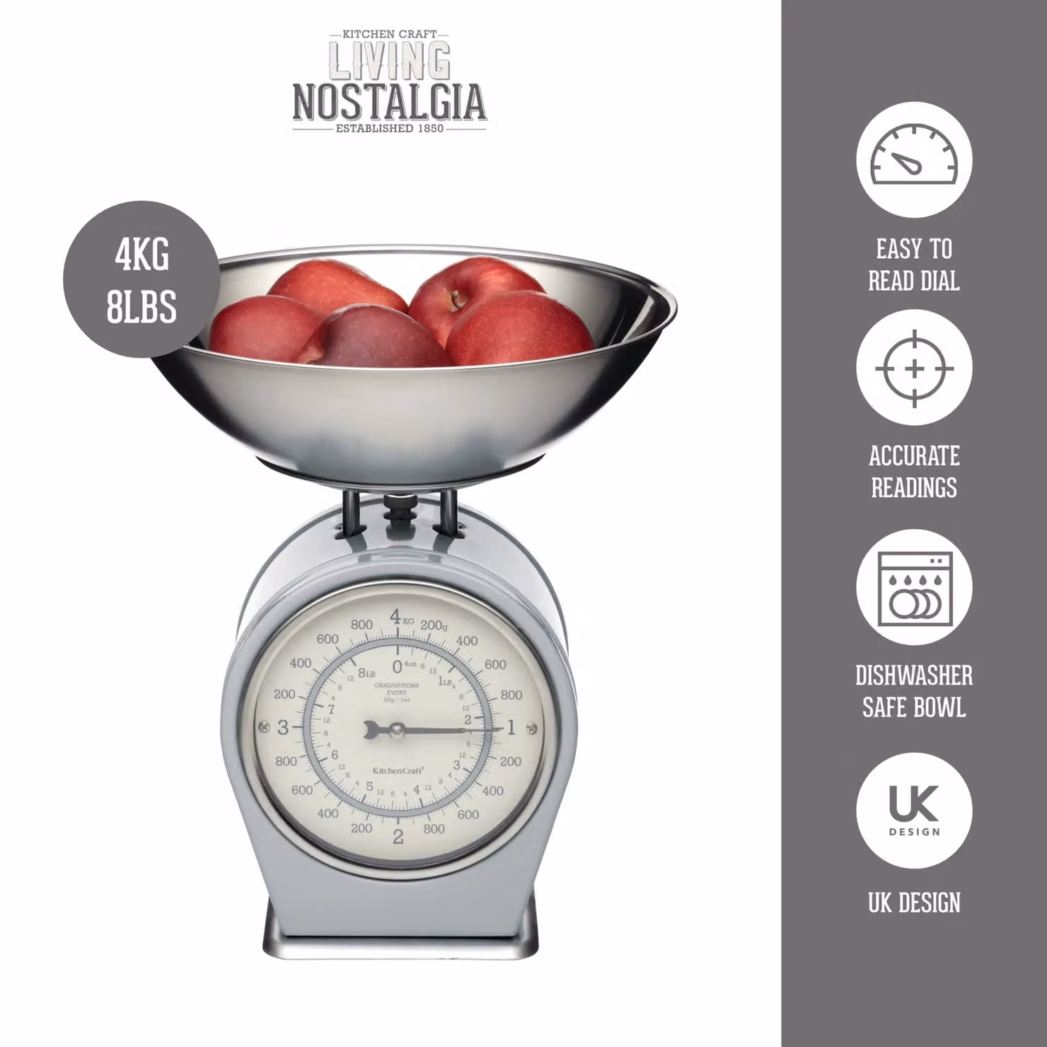 Living Nostalgia French Grey Manual Mechanical Kitchen Scales with Stainless Steel Finish and Analog Display – 3