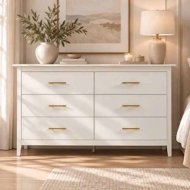 Merax Modern 6 Drawer Chest of Drawers Wide Bedroom Storage Cabinet in Cream