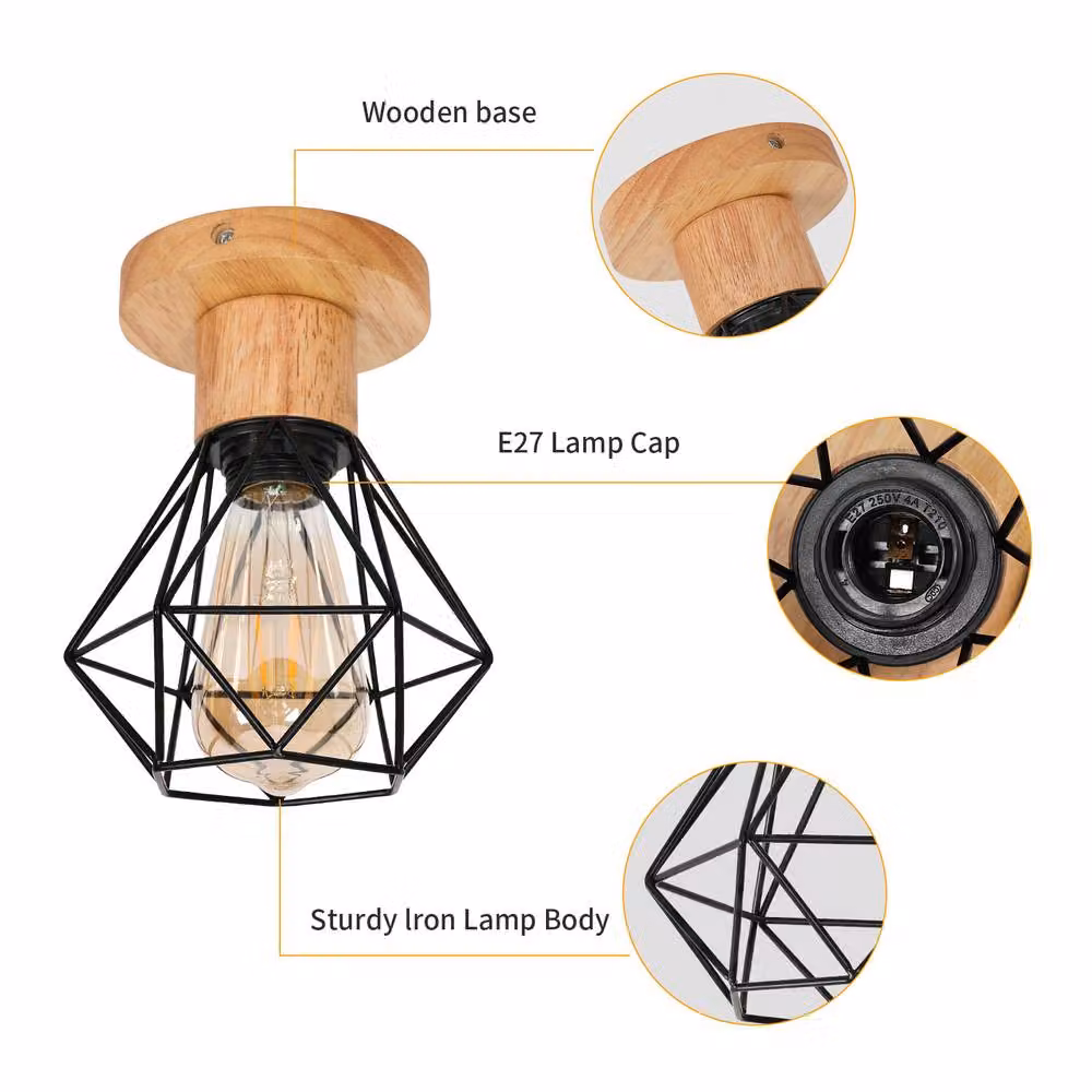 Pheashine Industrial Geometric Wood and Metal Ceiling Light in Black with E27 Socket – 2
