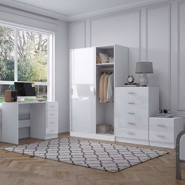REFLECT Bedroom Furniture Bundle including Sliding Wardrobe, Tall Chest, Bedside Table and Desk in White Gloss and Matt White