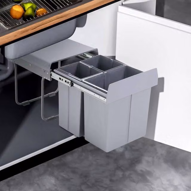 EONLION Grey Pull Out Kitchen Waste Bin System with Soft Close Mechanism, 2 x 10L and 1 x 20L Capacity