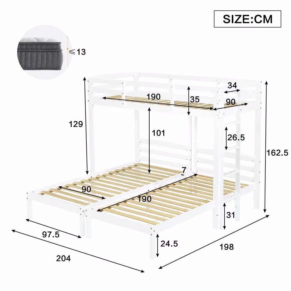 Merax White Solid Pine T-Shaped Triple Bunk Bed Frame with Ladder and Bedside Shelf, W/D/H: 190 x 90 x 162.5 cm – 2