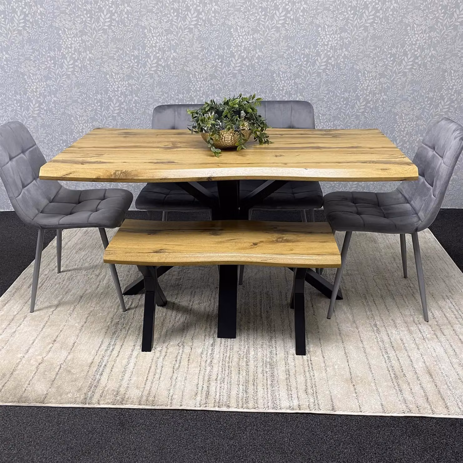 KOSY KOALA Wooden Dining Set with Rectangular Table, Bench and 4 Grey Velvet Chairs in Brown – 4