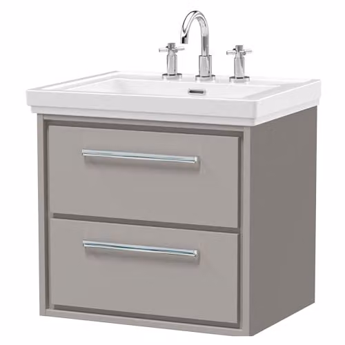 Balterley Wall Hung Vanity Unit with 2 Soft Close Drawers and 3 Tap Hole Rectangular Basin in Pebble Grey, W/D/H: 63.0 x 47.1 x 60.5 cm