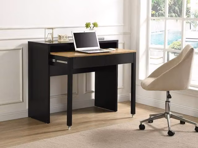 LOAVIA Extendable Console Desk with 2 Drawers in Black and Natural, W/D/H: 100 x 40 x 75 cm – 1