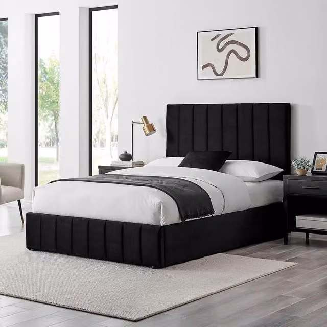 Modish Furnishing Leo Black Velvet Upholstered Ottoman Storage Bed W/D/H: 180 x 200 cm