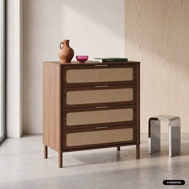 sweeek Vintage 4-Drawer Chest of Drawers with Wood Decor and Cane in Dark Brown – 1