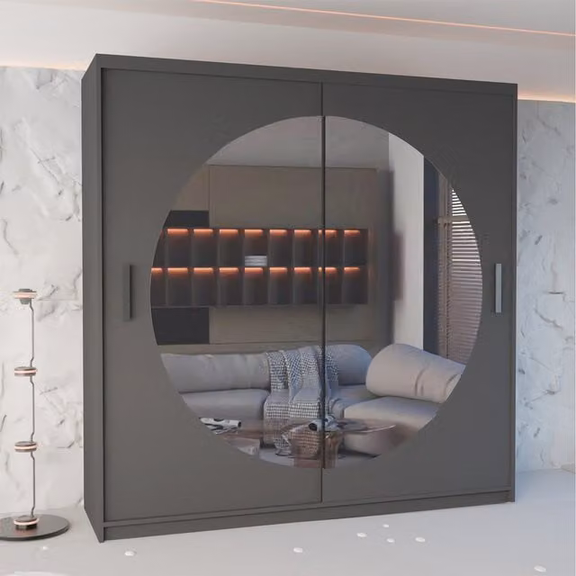 Sliding Wardrobes 4 u Modern Double Door Sliding Wardrobe with Mirror, Internal Shelves and Hanging Rod, Grey, Width: 203 cm