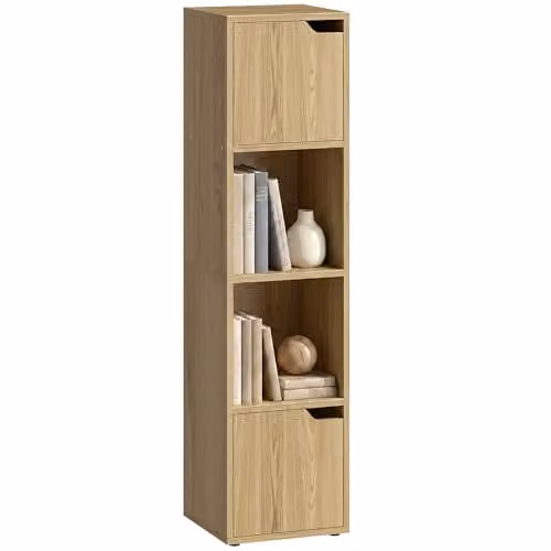 HOMCOM 4-Tier Oak Bookcase with 2 Cabinets and Open Shelves, Brown