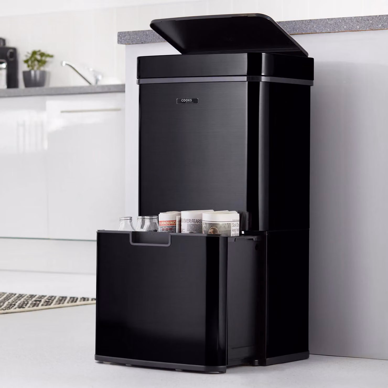 Cooks Professional 75L Recycling Sensor Bin with Dual Compartments and Food Caddy in Black – 5