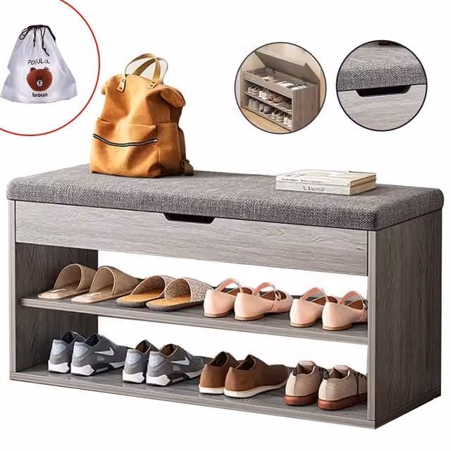 Hinsinc Grey Shoe Storage Bench with Padded Fabric Seat and Modern Wood Cabinet Organiser W/D/H: 88 x 28 x 44 cm