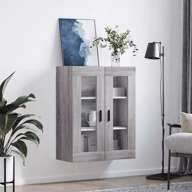 Berkfield Home Wall Mounted Cabinet in Grey with Glass Doors, W/D/H: 69.5 x 34 x 90 cm