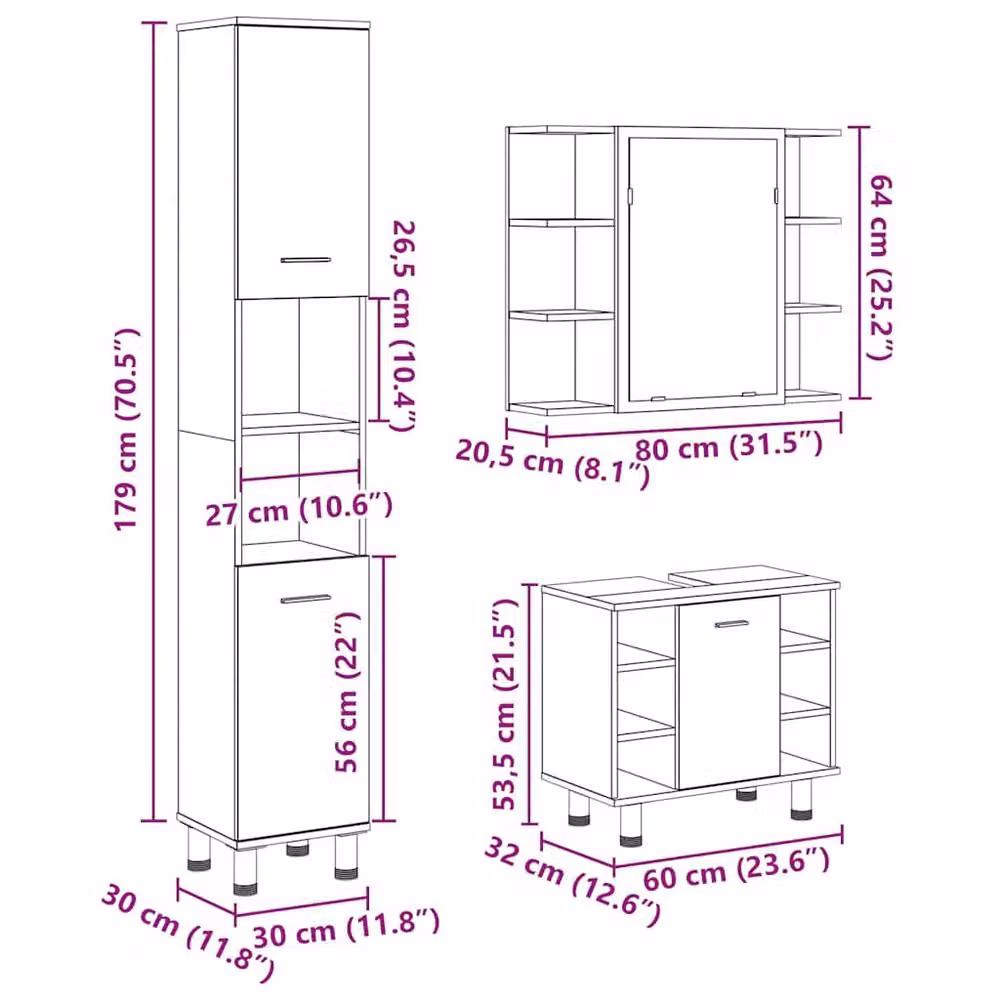 Berkfield Home 3 Piece Modern Bathroom Furniture Set in Artisan Oak Brown – 3