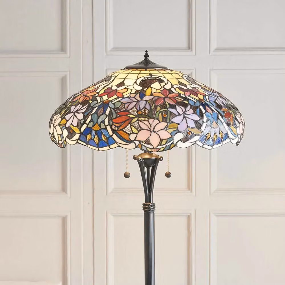 Loops Tiffany Twin Floor Lamp with Floral Stained Glass Shade in Dark Bronze and Multicolour – 3