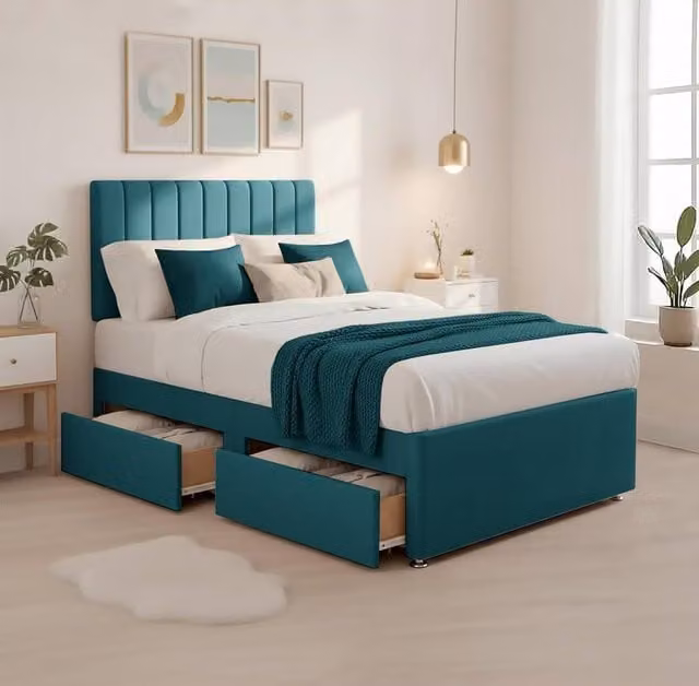 Bed Time UK Luxe Divan Bed with 20in Headboard and 2 Drawer Storage, Teal Velvet Hybrid Memory Foam Mattress, W/D/H: 120 x 200 cm – 1