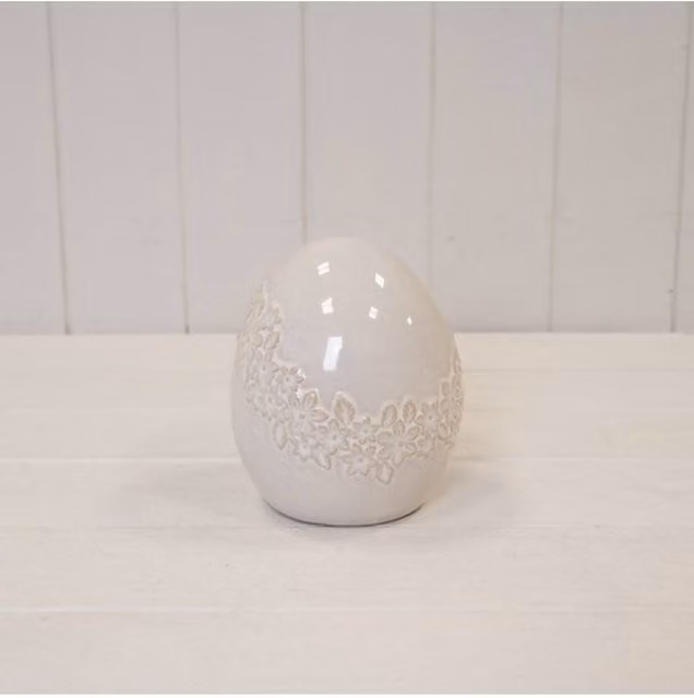KDMD Large White Ceramic Oval Egg with Floral Garland Decoration
