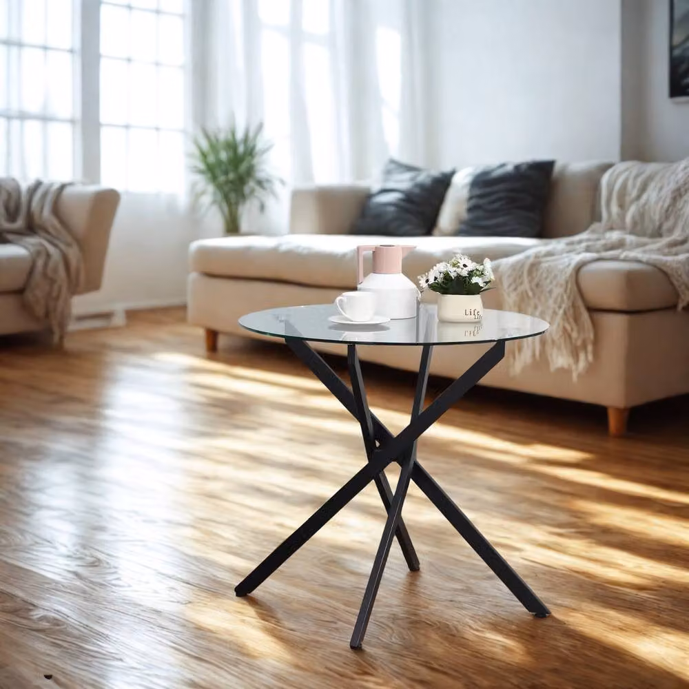 FURNOS Industrial Round Tempered Glass Coffee Table with Black Metal Frame, Diameter: 80 cm, Height: 40 cm – 5