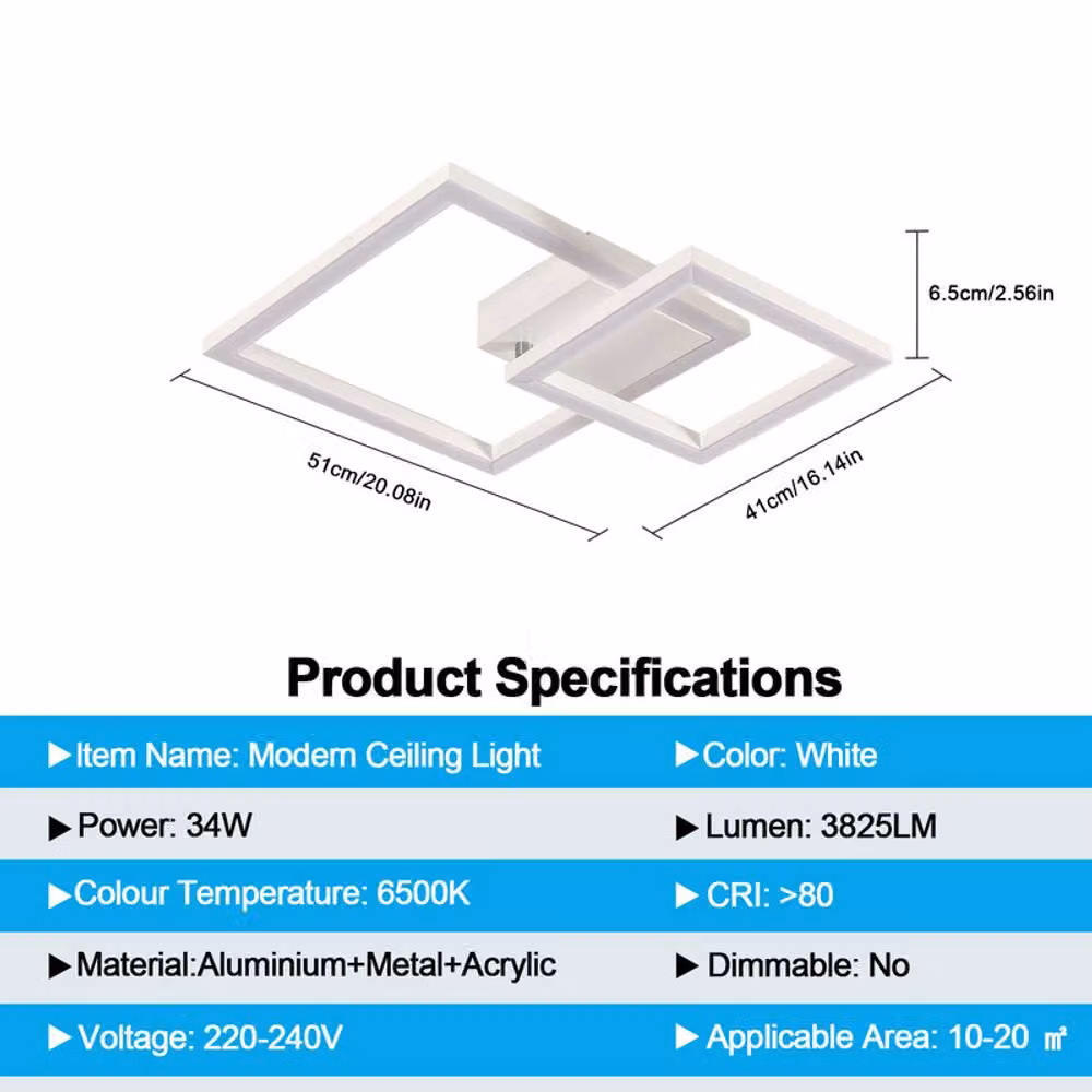 COMELY 34W LED Square Ceiling Light in White with 350 Degree Rotatable Design and 6500K Cool White Light – 2