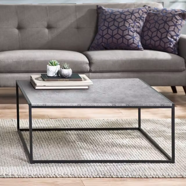 Julian Bowen Staten Square Coffee Table in Grey Concrete Effect with Black Metal Sled Base W/D/H: 90 x 90 x 40 cm – 1