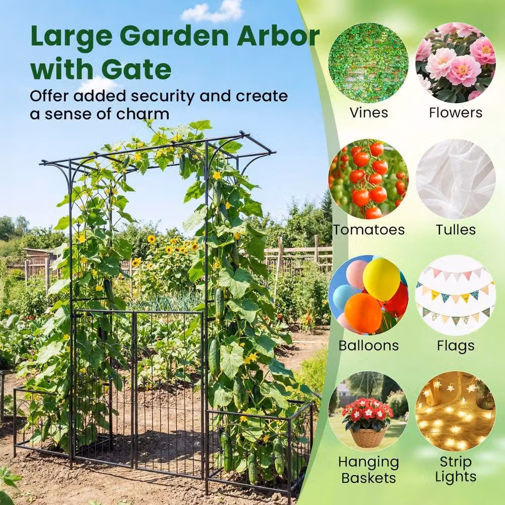 Gymax Metal Garden Wedding Arch with Gate, Planter Boxes and Side Plant Trellis in Black – 5