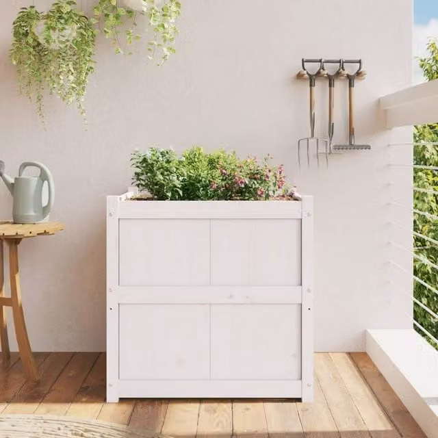 Berkfield Home Beautiful Garden Planter in White Solid Wood Pine, W/D/H: 70 x 70 x 70 cm