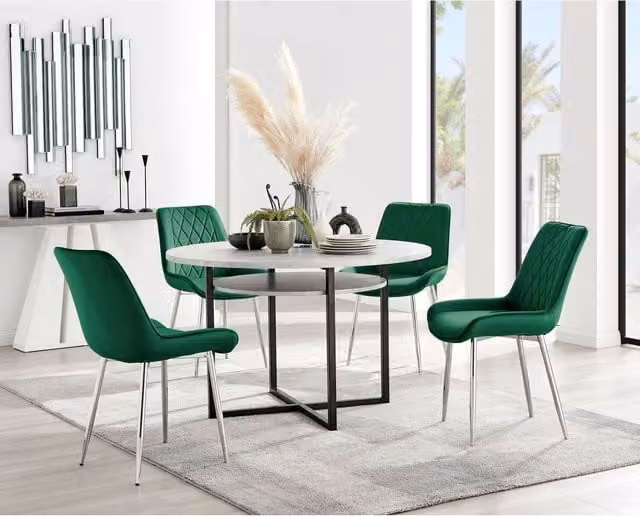 Furniturebox Adley Round Concrete Effect Dining Table and 4 Pesaro Velvet Chairs in Green and Silver