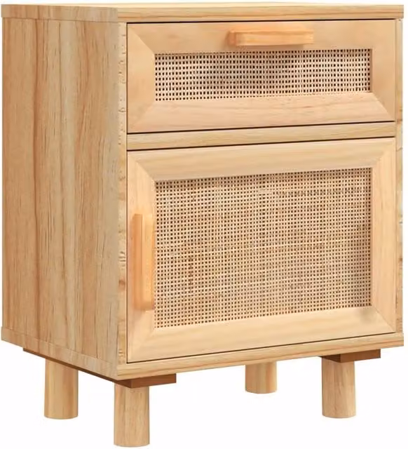 Berkfield Home Bedside Cabinet in Brown Solid Wood Pine and Natural Light Tan Rattan – 1
