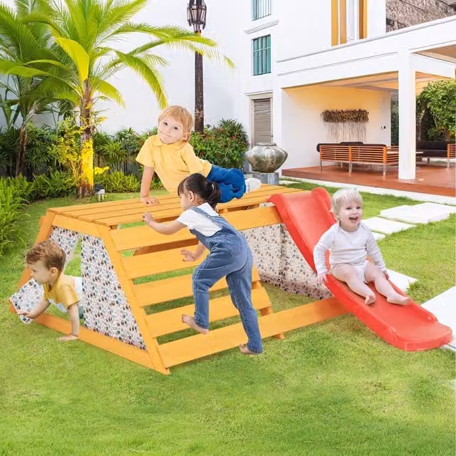 Costway 5-in-1 Wooden Jungle Gym Climbing Frame with Slide in Brown