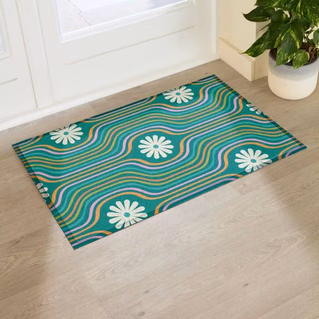 Artsy Mats Elizabeth Olwen Flower Lines Green Indoor/Outdoor Doormat W/D: 90 x 60 cm