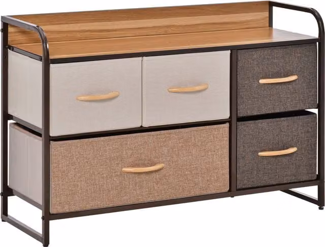HOMCOM 5-Drawer Fabric Dresser with Wooden Top and Metal Frame in Slate Grey – 1