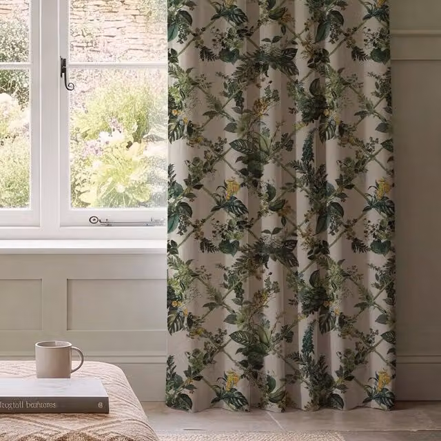 HOUSE Llewelyn-Bowen Cotswold Fantasia Made To Measure Blackout Floral Cotton Curtains in Green and White